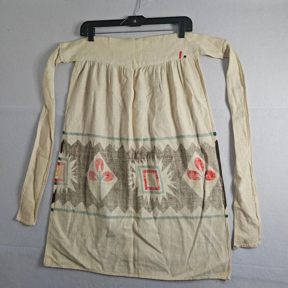 Vintage Handmade Folk Art Half Apron Cream Linen Painted Floral Geometric Boho